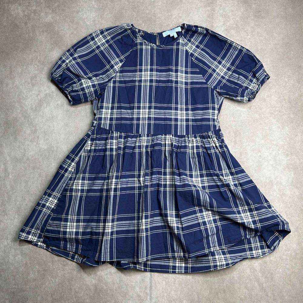 Hill House The Adeline Dress Plaid Cotton Puff Sleeve Babydoll Mini Dress Small